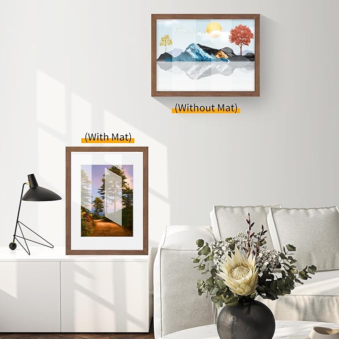 puthiac 9x12 Solid Oak Wood Picture Frame, Fits 6x8 with Mat or 9x12 Without Mat, Wall or Tabletop Display with Stand, Vertical or Horizontal, Plexi Front, 3 Pack, Walnut