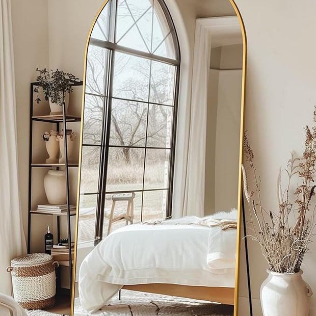 Full Length Mirror with Stand, 76"x34" Arched Full Body Mirror, Large Stand Up Mirrors, Aluminum Frame Floor Standing Mirrors, Freestanding Hanging Leaning Mounted for Bedroom Living Room, Gold