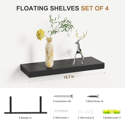Bellsal Floating Shelves for Wall, Black Engineered Wood Wall Shelf Set of 4, 16" Walls Mounted Floating Shelf for Kitchen, Living Room, Bedroom, Bathroom Storage, Book Shelf for Home Decor