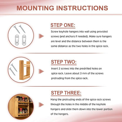 Morvat Bamboo Wooden Spice Jar Rack, 2-Tiered Seasoning Holder Organizer Set with 2 Shelves, Spice Storage Shelf for Kitchen Pantry & Cabinet, Counter or Wall Mount Option with Included Hardware