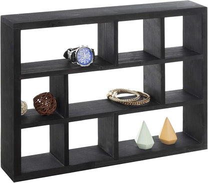 MyGift 9 Compartment Vintage Solid Wood Shadow Box, Wall Mountable Curio Display Case, Freestanding or Floating Shelf for Collectible Figurines, Succulents (Matte Black)