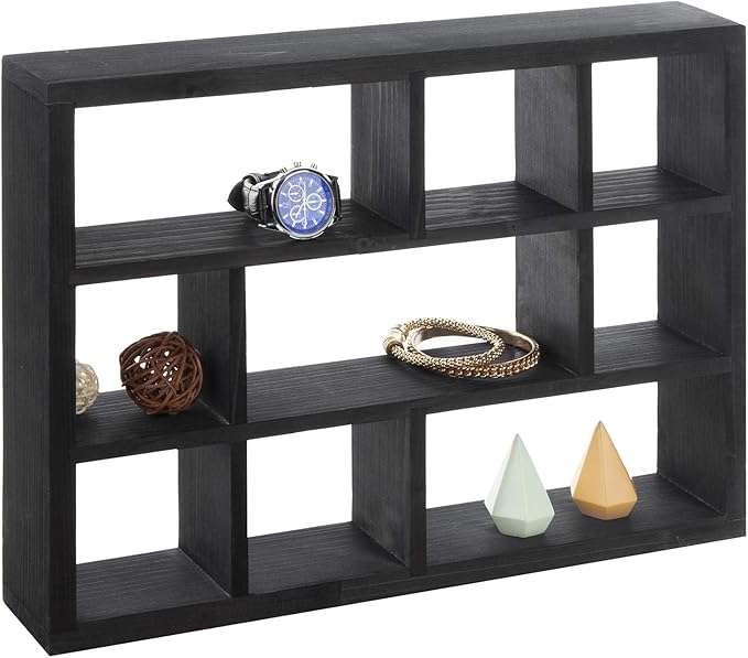 MyGift 9 Compartment Vintage Solid Wood Shadow Box, Wall Mountable Curio Display Case, Freestanding or Floating Shelf for Collectible Figurines, Succulents (Matte Black)