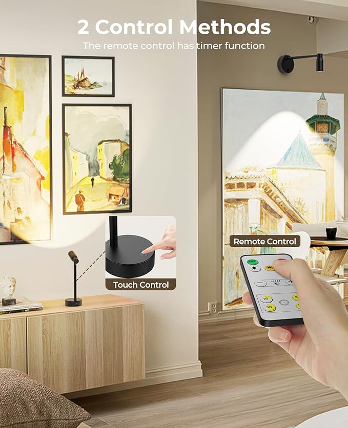 PESUTEN Zoomable Picture Light for Wall, Battery Operated Art Light for Paintings CCT Dimmable Spotlight for Wall Art Wall Light with Remote Control for Living Room Gallery Dartboard Bathroom 2PCS