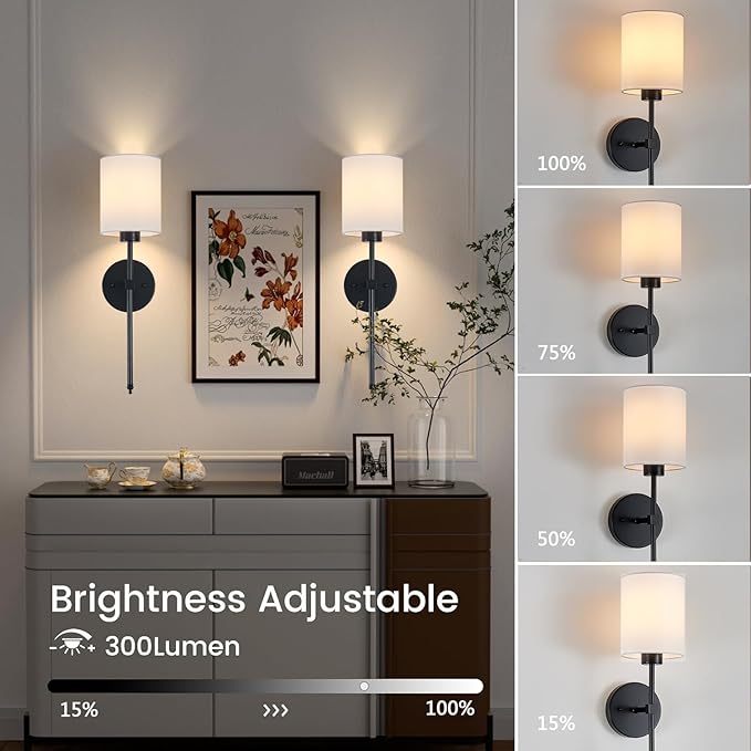 Battery Operated Wall Sconce Set of 2, Black Rechargeable Wall Lights with Remote Control and Dimmable LED Bulbs, 13 Light Colors Wireless Wall Lamps for Bedroom Living Room Hallway (Black)
