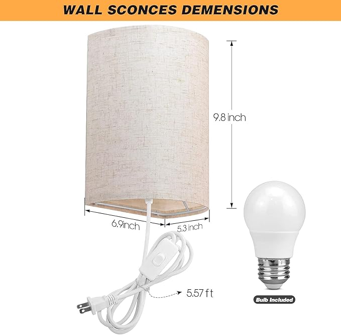 Plug in Wall Sconce, 3 Color Wall Sconces Set of Two, Industrial Lamp with Plug in Cord, Rustic Wall Sconce Fixture, On/Off Switch Vintage Wall Light Fixture for Headboard Bedroom Porch (Beige)