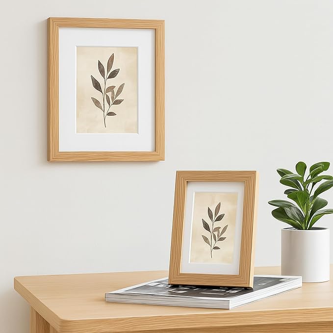 puthiac 8x12 Solid Oak Wood Picture Frame, Fits 6x8 with Mat or 8x12 Without Mat, Wall or Tabletop Display with Stand, Vertical or Horizontal, Plexi Front, 1 Pack, Natural Oak