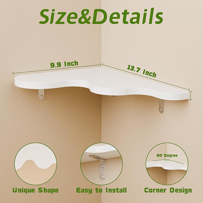 Cute Cloud Shelf Set of 3 - Wavy Floating Corner Shelves Wall Mounted, Corner Shelf Floating with Brackets, Nursery Shelves for Wall Decor, Bedroom,Living Room,Bathroom&Kids Room-White