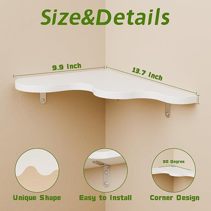 Cute Cloud Shelf Set of 3 - Wavy Floating Corner Shelves Wall Mounted, Corner Shelf Floating with Brackets, Nursery Shelves for Wall Decor, Bedroom,Living Room,Bathroom&Kids Room-White