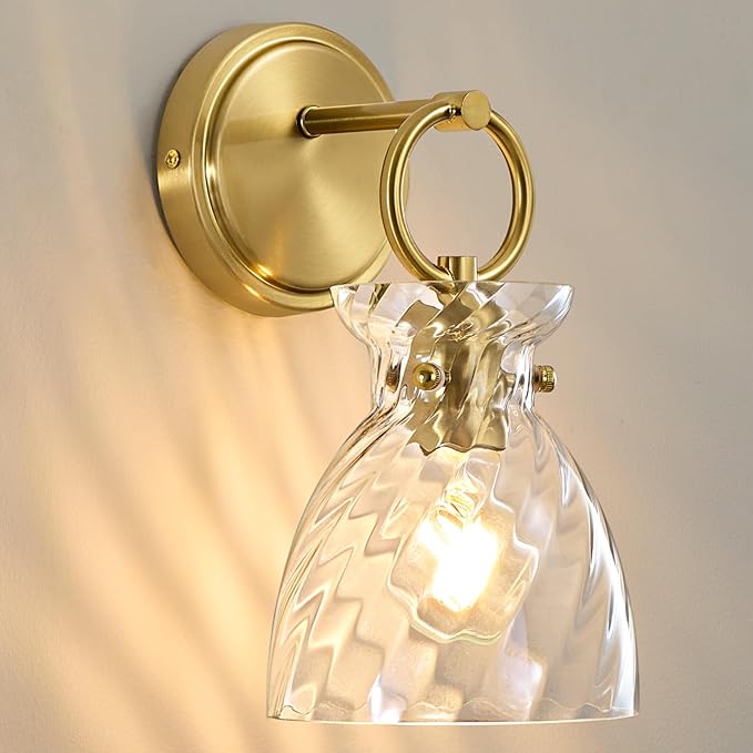 Wall Sconce 1-Light Hardwired Wall Mount Modern Farmhouse Vanity Light Fixtures with 6 Inch Clear Striped Glass Shade, Gold Wall Lights for Bathroom, Bedroom, Living Room, Mirror, Kitchen