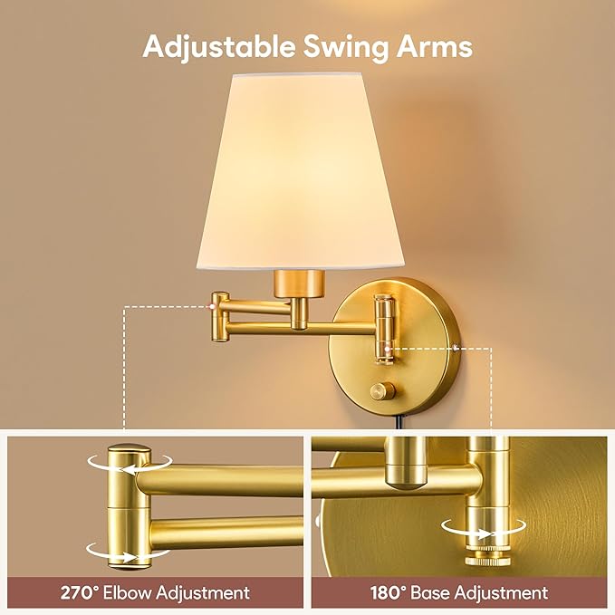 VONLUCE Wall Sconce Set of 2, Plug in & Hardwired Swing Arm Wall Lamps, Adjustable Wall Mounted Lighting Fixtures, Modern Wall Lights with Golden Base White Fabric Shade for Bedside, Hallway, Study
