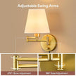 VONLUCE Swing Arm Wall Lamp, Plug in & Hardwired Wall Sconce, Adjustable Wall Mounted Lighting Fixture, Modern Wall Light with Golden Base White Fabric Shade for Bedside, Hallway, Reading