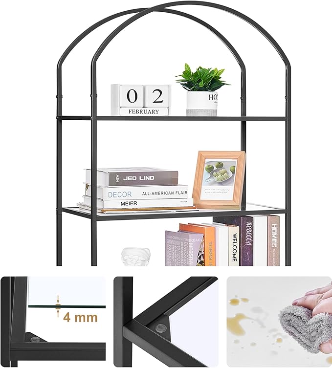 Homhedy Bookshelf Arched Display Racks,Metal Bookcase,Tempered Glass Shelves,Storage Rack Shelf for Home Office,Living Room,Bedroom, Bathroom,Modern Style (Black, 11.8
