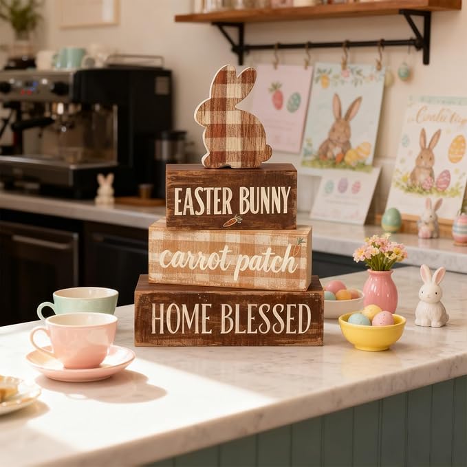 Easter Decorations - Easter Bunny Tiered Tray Decor Set - Wooden Carrot Patch Tabletop Decoration - Rustic Farmhouse Spring Home Decor Indoor for Tiered Tray Shelf Mantel Coffee Table Gift - Spring Home Decor for Living Room, Kitchen Counter