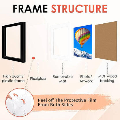 FIXSMITH 11x14 Picture Frame, Black Photo Frame with HD Plexiglass, Display Pictures 8x10 with Mat or 11x14 Without Mat, Picture Frames Collage for Wall Display, 2 Pack