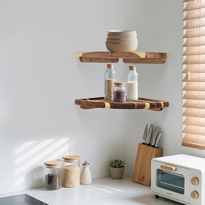 Floating Corner Shelve, 10 Inch Acacia Wood Corner Shelf Set of 2, Corner Shelf wall Mounted for Living Room, Bedroom, Bathroom, Office, Kitchen (Natural Wood Colour)