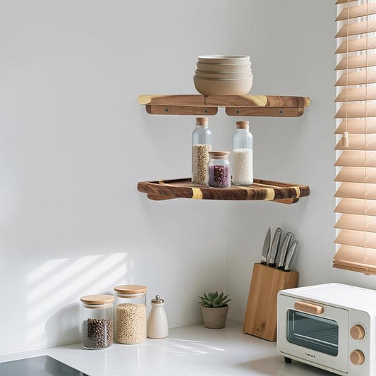 Floating Corner Shelve, 10 Inch Acacia Wood Corner Shelf Set of 2, Corner Shelf wall Mounted for Living Room, Bedroom, Bathroom, Office, Kitchen (Natural Wood Colour)
