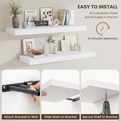 Fun Memories Floating Shelves for Wall, 40 Inch Floating Shelf for Home Decor, Wall Mounted Rustic Wood Shelves 12 Inch Deep, Hanging Deep Shelf for Bedroom, Living Room, Kitchen, White, Set of 2