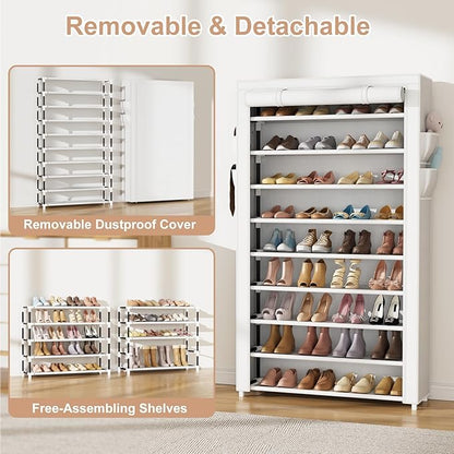 Shoe Rack with Cover Narrow Shoe Organizer with Pockets 10 Tier Tall Shoe Storage Holds 36-41 Pairs Shoes and Boots Shoe Rack for Closet Entryway Garage, White