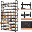 Tall Shoe Rack 10 Tier Shoe Organizer Large Shoe Shelf with 18 Hooks Storage for 50 Pair, Stackable Vertical Shoe Rack Organizer for Closet, Entryway, Bedroom