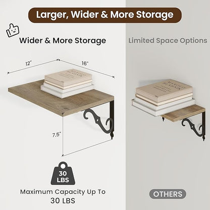 RICHFOCUS 12 Inch Deep Floating Shelves for Wall, 16" W x 12" D Wood Wall Shelves Set of 2, Wide Floating Shelves for Living Room, Bedroom, Kitchen, Bathroom and Decor Storage, Grey