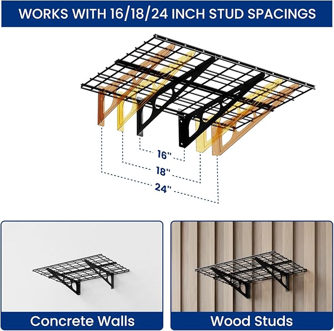 FLEXIMOUNTS 2x6ft Garage Shelving Wall-Mounted, 1-Pack Heavy-Duty Wall Shelving, Holds Up to 400 lbs, Garage Storage Rack for Organization & Storage Bins, Black, Classic Series