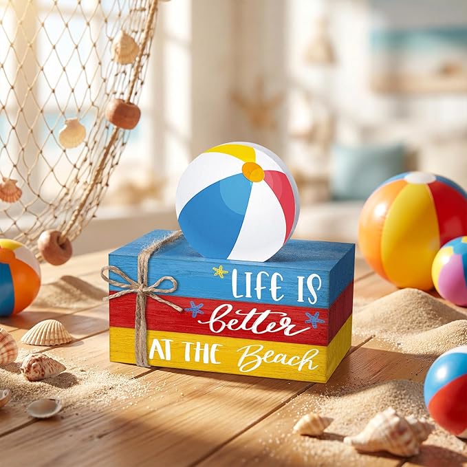 Geelin 4 Pcs Summer Beach Wooden Book Stack Signs, Life is Better at The Beach Tiered Tray Decor, Coastal Nautical Table Shelf Centerpiece for Home Kitchen Living Room House Decorations