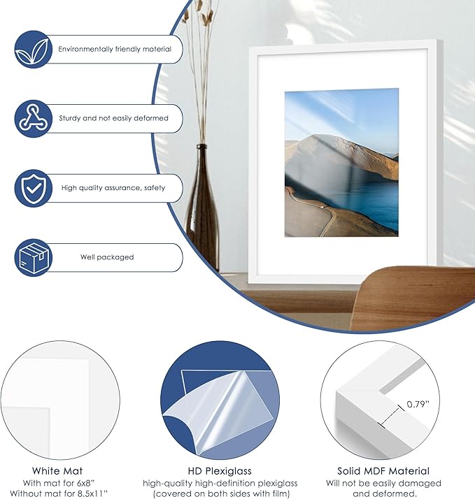 PEALSN 12x16 Picture Frame Set of 6, Display Pictures 8.5x11 with Mat or 12x16 without Mat for Wall Mounting Display, Photo Frames Collage for Wall Decor, White.
