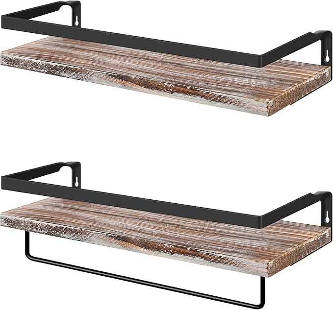 Floating Shelves for Wall, Bathroom Shelves with Towel Bar, Wall Mounted Storage Shelves for Kitchen, Bathroom, Set of 2 White Washed