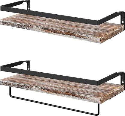 Floating Shelves for Wall, Bathroom Shelves with Towel Bar, Wall Mounted Storage Shelves for Kitchen, Bathroom, Set of 2 White Washed