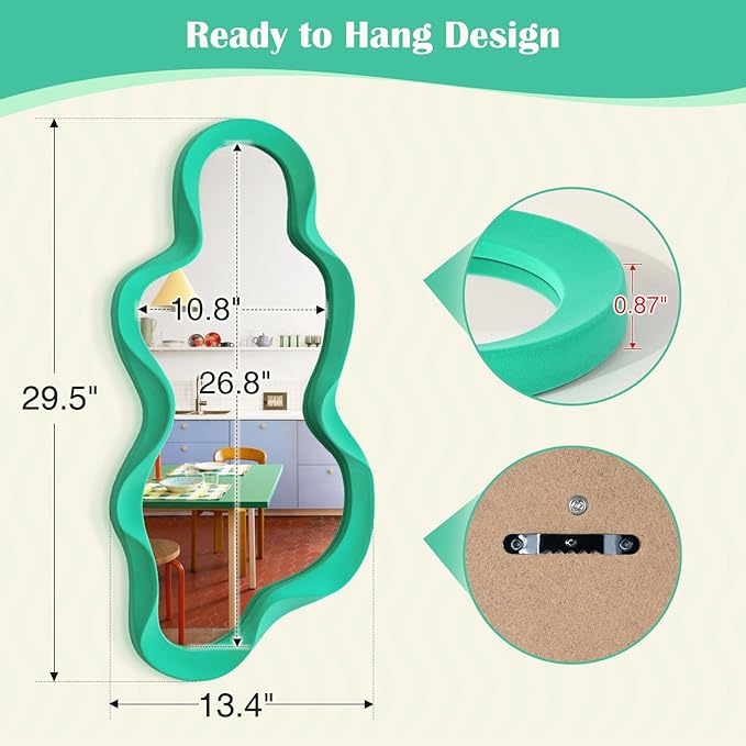 Irregular Wall Mirror Living Room Decor, Cloud Decorative Mirrors with Flocking Touch, 13.8x29.7 Modern Wavy Mirror for Hallway Entryway Staircase, Over The Bed Wall Art Decoration (Green)