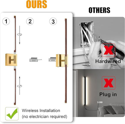 40″ Walnut Battery Operated Wall Sconces Set of Two, Dimmable Wall Sconce with Remote Control, Rechargeable Sconces Wall Lighting, LED Wireless Wall Lights for Bedroom, Living Room