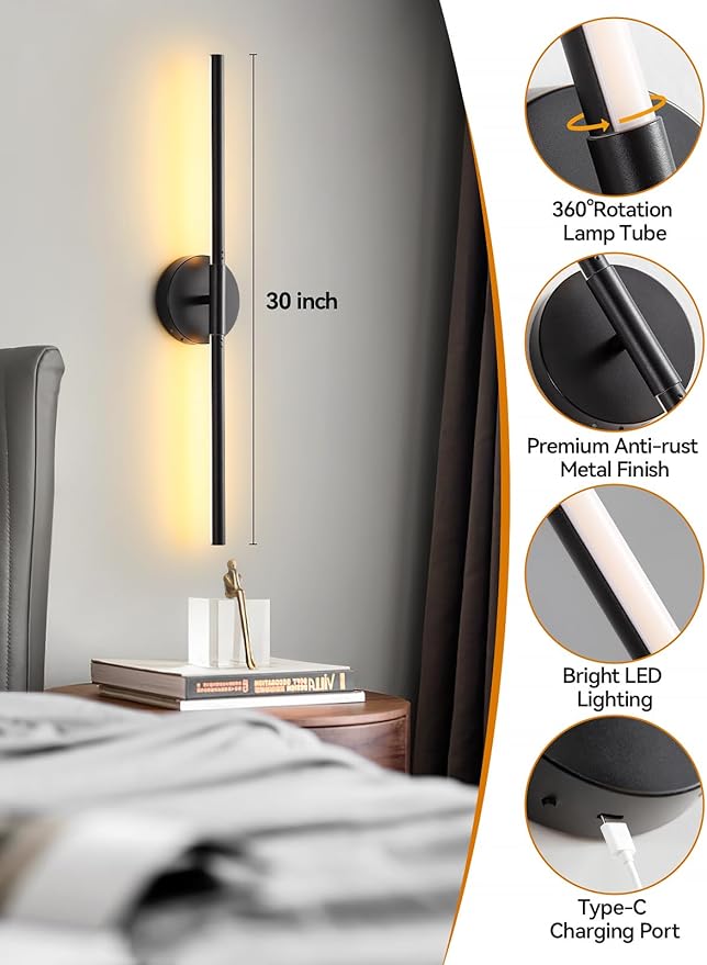 Battery Operated Wall Sconce, Rechargeable Wireless Wall Sconces with Remote, 30 Inch Modern Dimmable Sconce Wall Light, 350° Rotate Wall Lamp for Hallway, Background Wall, Bedroom, Living Room