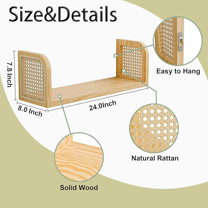 24 Inch Rattan Wall Shelf, Wooden Hanging Bookshelf Storage, Natural Cute Nursery Shelves Wall Mounted, Boho Decorative Floating Shelves for Kids Room, Living Room, Play Room, Bedroom