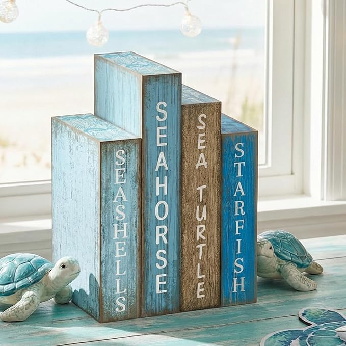 4 Pcs Summer Table Decoration Wooden Book Coastal Beach Decoration Blue and White Summer Tiered Tray Decor Wood Book Sign Farmhouse for Ocean Party Home Shelf Coffee Table