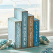 4 Pcs Summer Table Decoration Wooden Book Coastal Beach Decoration Blue and White Summer Tiered Tray Decor Wood Book Sign Farmhouse for Ocean Party Home Shelf Coffee Table