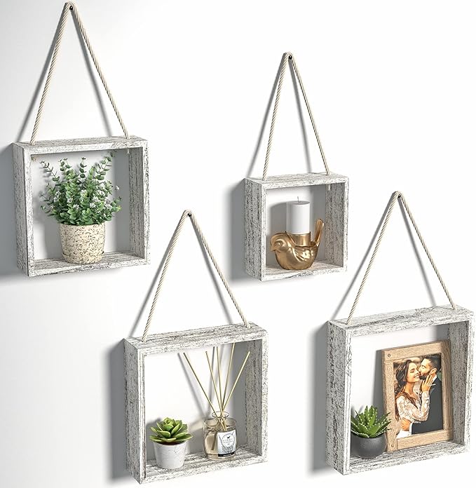 J JACKCUBE DESIGN Floating Hanging Square Shelves Wall Mounted Rustic Wood Cube Display Shelf Shadow Boxes Decorative Boho Home Décor for Living Room, Bedroom, Office, Set of 4 (White) - MK571C