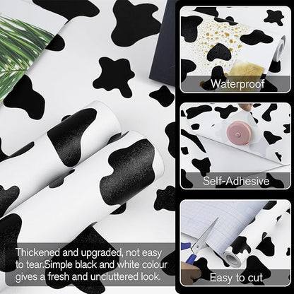 Black and White Spots Contact Paper Cow Printed Peel and Stick Wallpaper 17.3”x200” Self-Adhesive Cute Wallpapers Vinyl White Black Decals for Walls Bedroom Living Room Nurseryls