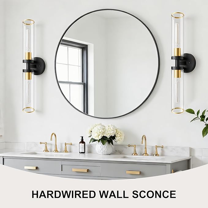 Wall Sconces Set of Two, Black and Gold Bathroom Wall Sconces with Clear Glass,Hardwired Modern Sconces Wall Decor Set of 2 Wall Light for Bathroom Mirror Bedroom Living Room Hallway Vanity