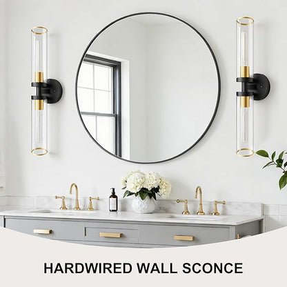 Wall Sconces Set of Two, Black and Gold Bathroom Wall Sconces with Clear Glass,Hardwired Modern Sconces Wall Decor Set of 2 Wall Light for Bathroom Mirror Bedroom Living Room Hallway Vanity