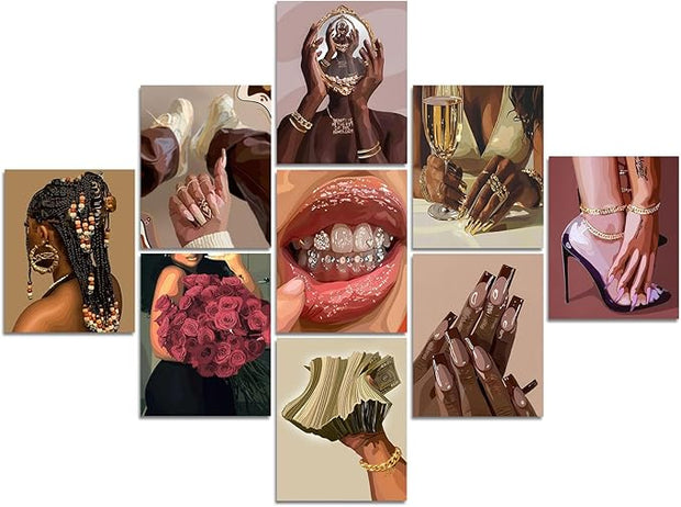NCYEL 9PCS Black Girl Wall Art Canvas Prints Fashion Aesthetic Posters for Women Bedroom Beauty Room Living Room Salon Glam Wall Decor 8x10 Inch Unframed