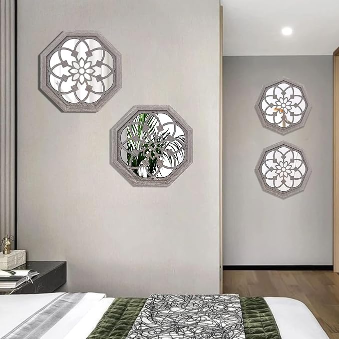 2 PCS Octagon Wall-Mounted Mirrors,Vintage Farmhouse Mirror for Wall Decor,Barn Wood Color Decorative Accent Mirror for Foyer, Bathroom, Bedroom. (12”x12”)