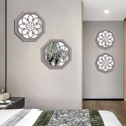 2 PCS Octagon Wall-Mounted Mirrors,Vintage Farmhouse Mirror for Wall Decor,Barn Wood Color Decorative Accent Mirror for Foyer, Bathroom, Bedroom. (12”x12”)