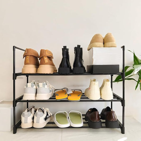 Shoe Rack Organizer, 3-Tier Reversible Metal Space Saving Shoe Storage Shelf - for Entryway, Closet, Front Door, Bedroom, Garage & Corridor-Closet Organizer, Garage Storage Shelves (Black)