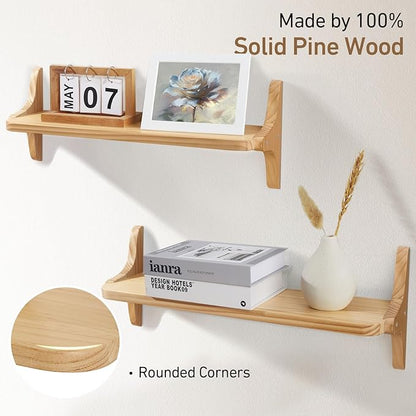 Wooden Floating Shelves for Wall, 23.6" W x 6" D x 0.8" H Large Wall Shelves, Hanging Storage Shelf with Sturdy Brackets for Living Room, Kitchen, Bathroom, Bedroom Decor, Natural, 2 Packs