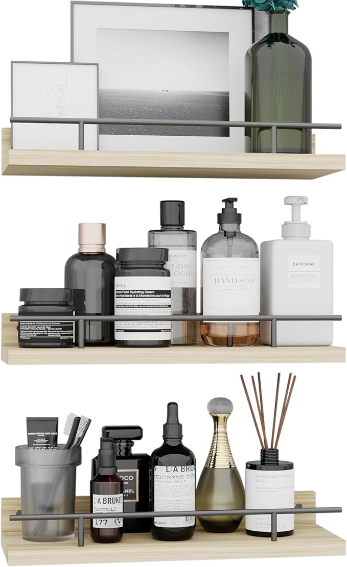 Floating Shelves with Metal Guardrail, Wall Decor Shelves for Bathroom, Living Room and Bedroom, (Black-Natural) Shelves for Home Decor