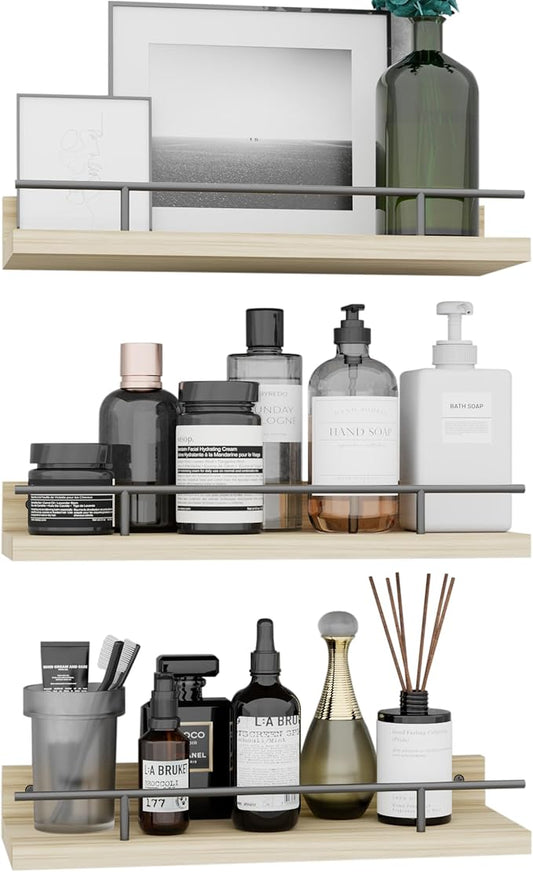 Floating Shelves with Metal Guardrail, Wall Decor Shelves for Bathroom, Living Room and Bedroom, (Black-Natural) Shelves for Home Decor