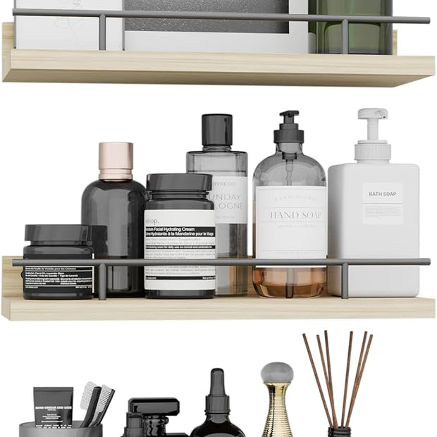 Floating Shelves with Metal Guardrail, Wall Decor Shelves for Bathroom, Living Room and Bedroom, (Black-Natural) Shelves for Home Decor