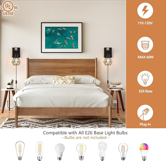 Plug in Wall Sconces Set of Two, Vintage Wood Wall Lamps with Plug in Cord, Farmhouse Wall Light Fixture with 5.25FT On/Off Switch Cord, Indoor Sconces Lighting for Bedroom Living Room