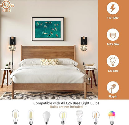 Plug in Wall Sconces Set of Two, Vintage Wood Wall Lamps with Plug in Cord, Farmhouse Wall Light Fixture with 5.25FT On/Off Switch Cord, Indoor Sconces Lighting for Bedroom Living Room