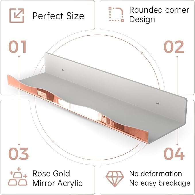 YMVV 15.7 in Large Rose Golden Reflective Acrylic Mounted Floating Shelf, Perfume Organizer Shelf, Modern Bathroom Storage Toy Display Organizer Decor 4 Pack